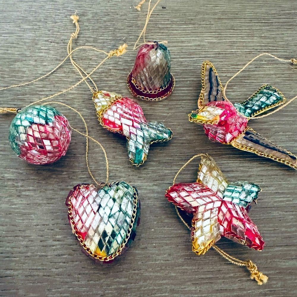Vintage Mirrored Glass Christmas Ornaments Set